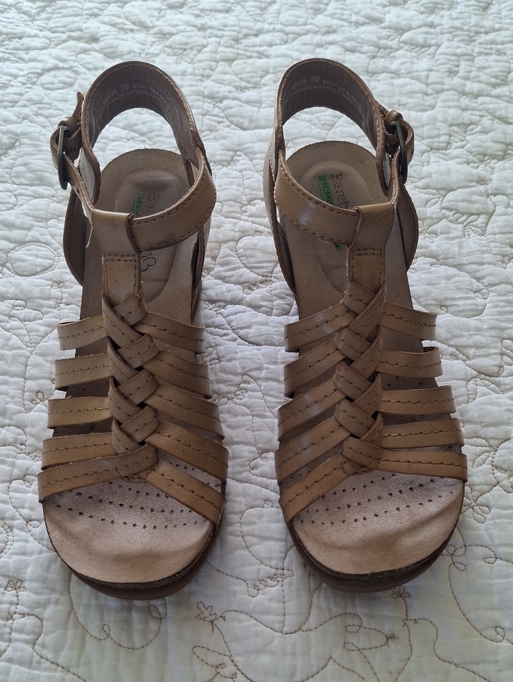 BareTraps Tan Woven Leather Wedge Sandals